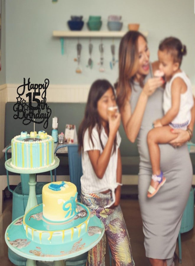 Ephlyn 1 Pack Happy 15th Birthday Cake Topper Black Glitter Mis Quince 15 Cheers to 15 Years Old Birthday Cake Pick for Celebrating 15th Birthday Anniversary Party Cake Decorations Supplies - Image 4